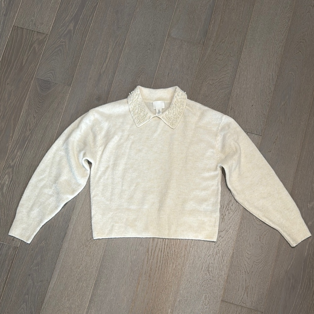 H&M Women's Cream Sweater with Embellished Collar